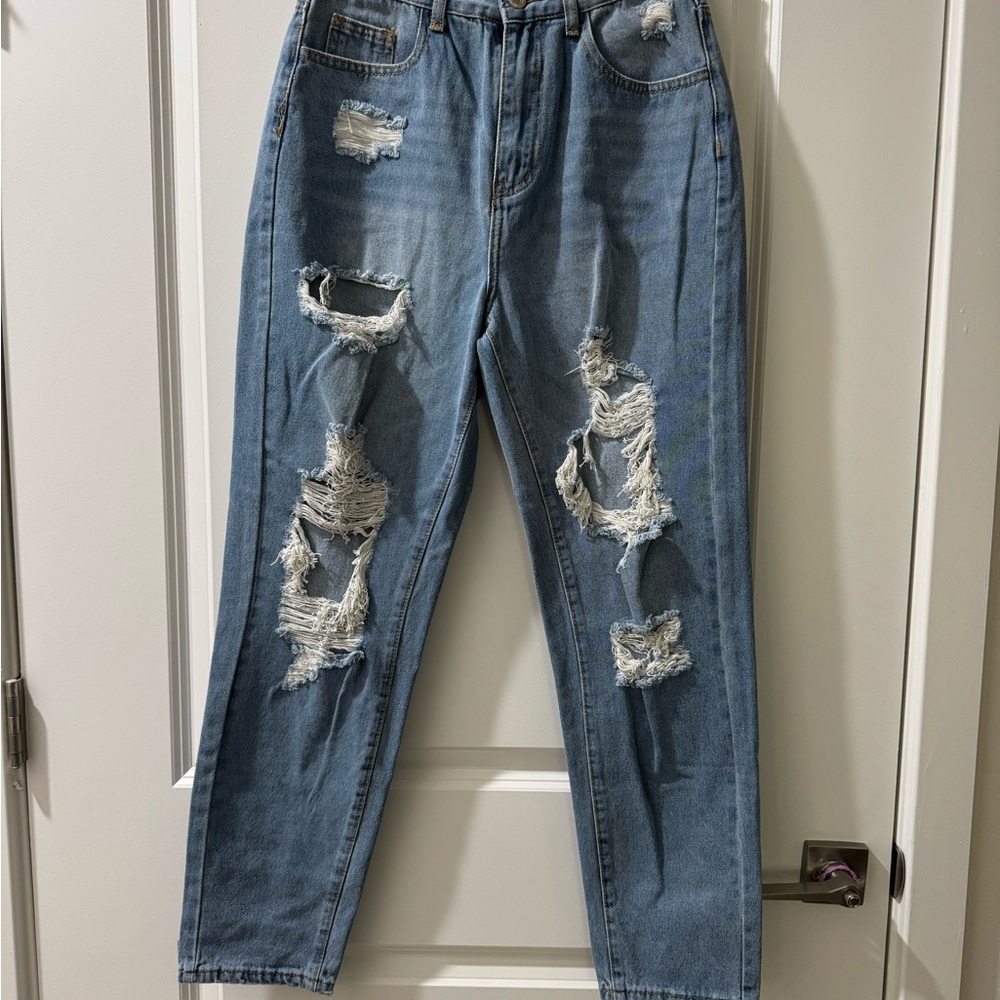 SHEIN Light Blue Distressed Boyfriend Jeans